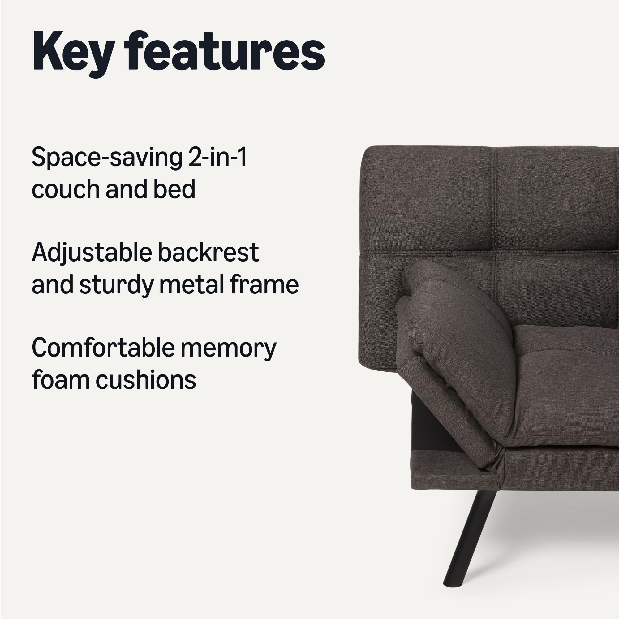 Futon Sofa Bed, Convertible Memory Foam Sofa Couch with Adjustable Positions for Small Living Room, Office, Apartment, Dark Grey Linen Fabric