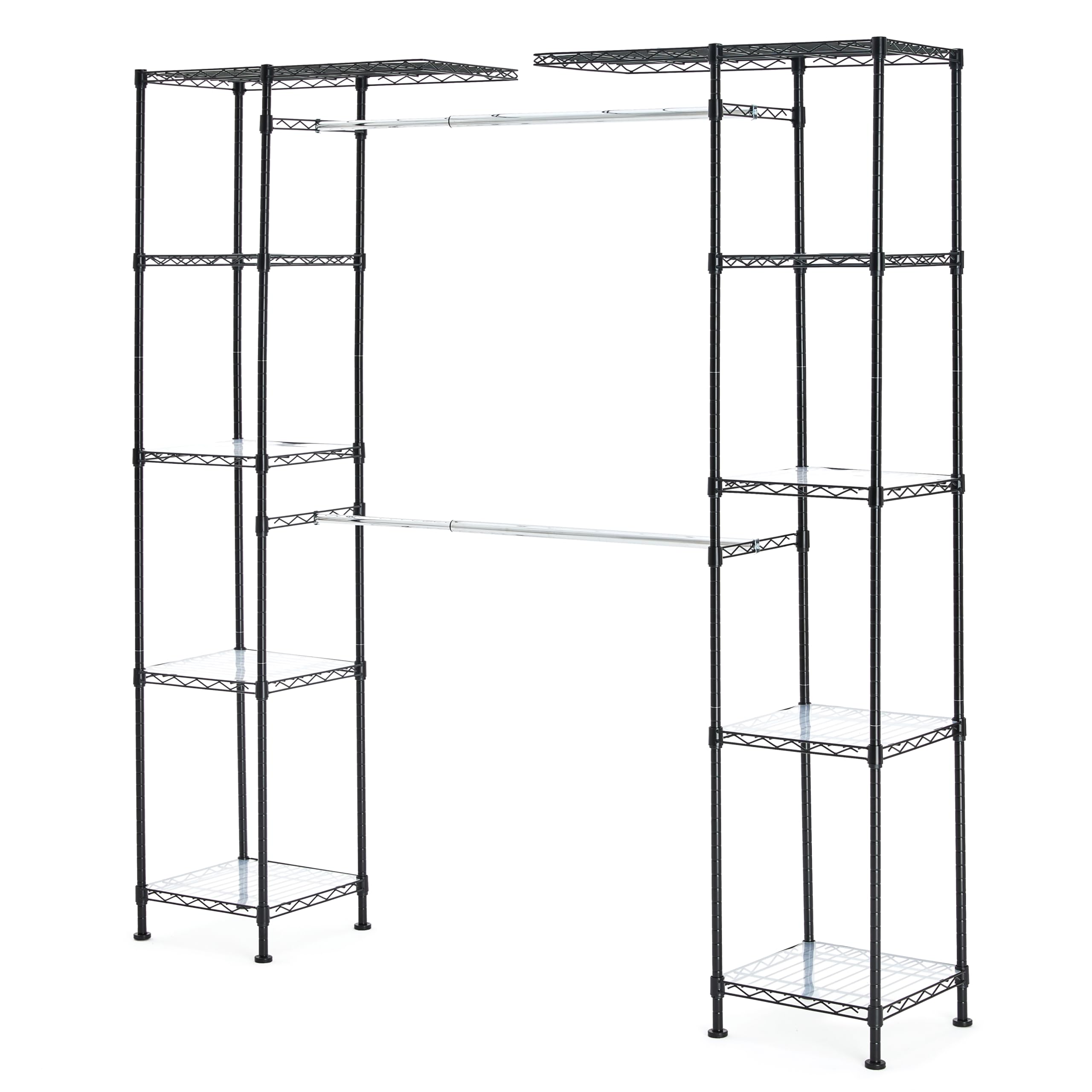 Adjustable Expandable Metal Closet Hanging Organizer with Multi Storage Shelves, Easy to Assemble, Black, 57-80"L x 14"W x 72"H