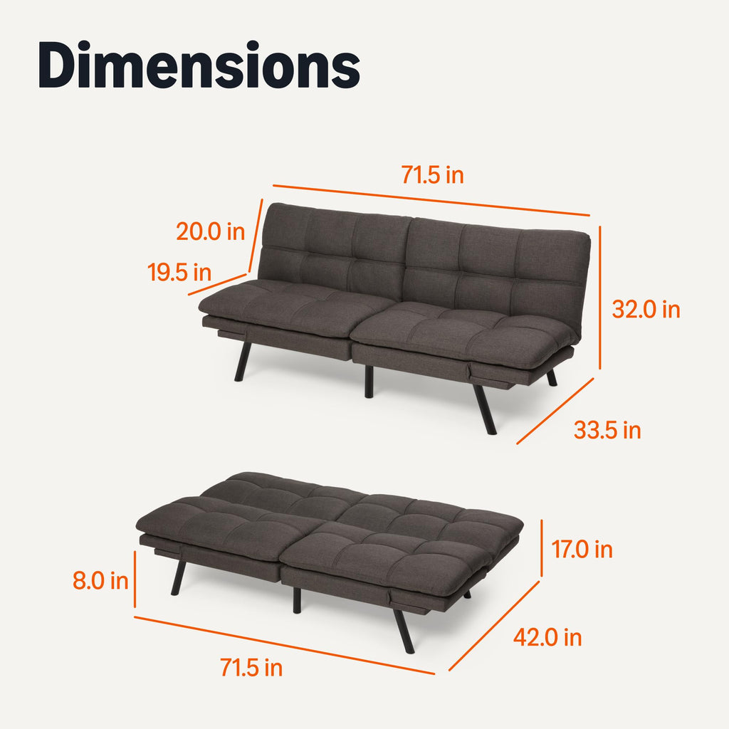 Futon Sofa Bed, Convertible Memory Foam Sofa Couch with Adjustable Positions for Small Living Room, Office, Apartment, Dark Grey Linen Fabric