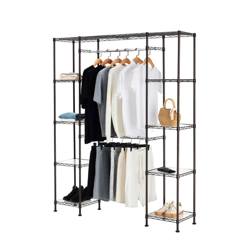 Adjustable Expandable Metal Closet Hanging Organizer with Multi Storage Shelves, Easy to Assemble, Black, 57-80"L x 14"W x 72"H