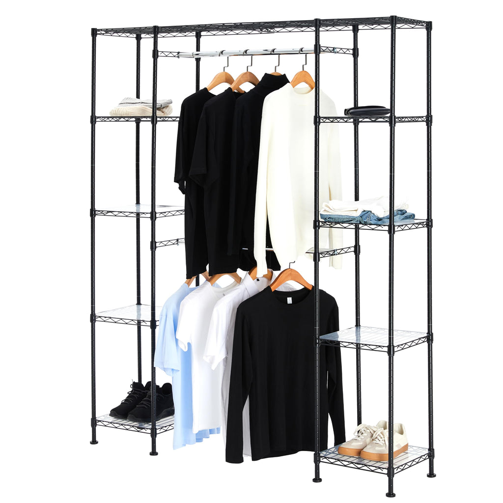 Adjustable Expandable Metal Closet Hanging Organizer with Multi Storage Shelves, Easy to Assemble, Black, 57-80"L x 14"W x 72"H
