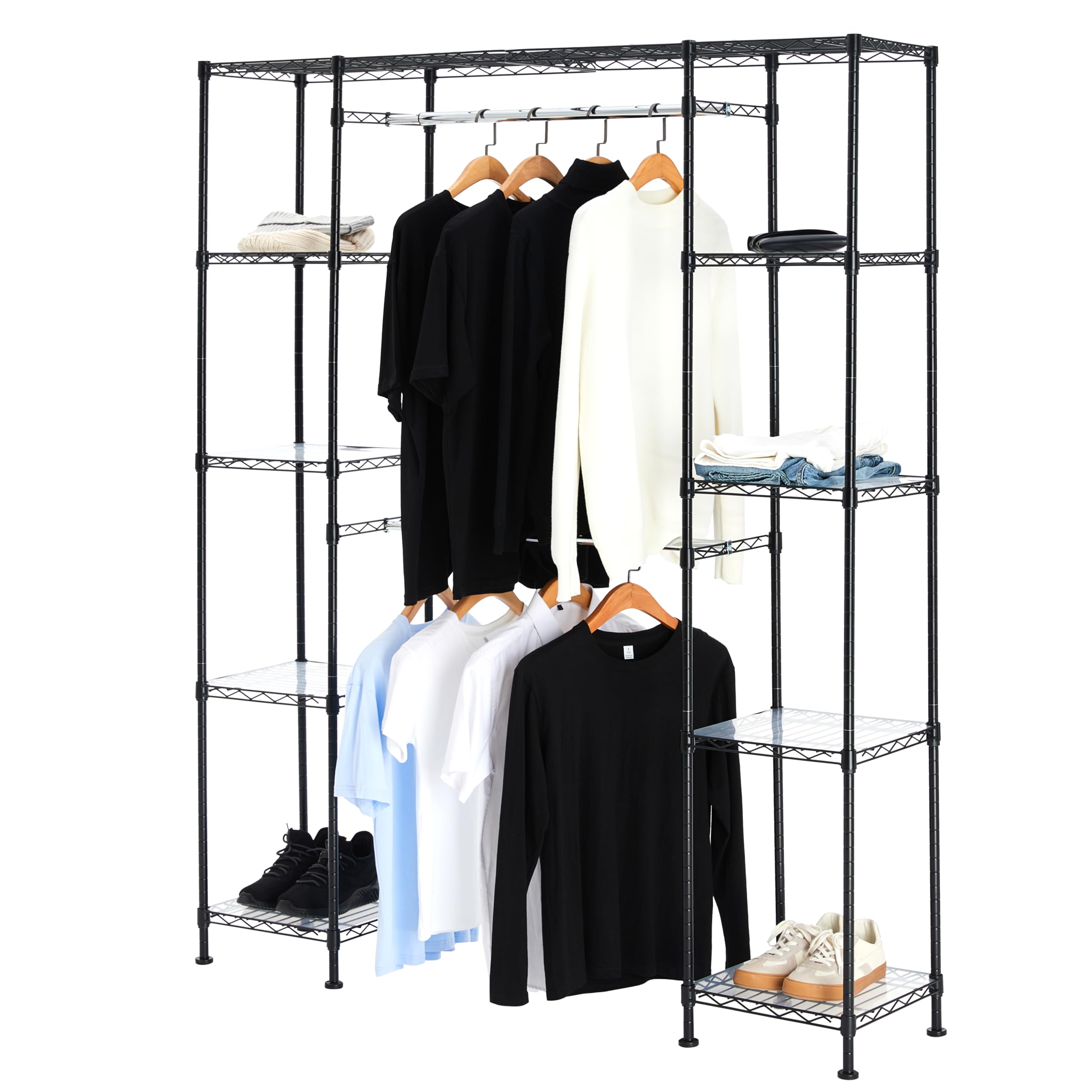 Adjustable Expandable Metal Closet Hanging Organizer with Multi Storage Shelves, Easy to Assemble, Black, 57-80"L x 14"W x 72"H